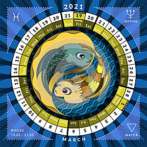 Pisces zodiacal circle caledar of year 2021 with features