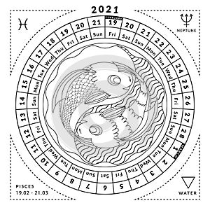 Pisces zodiacal coloring book with caledar of year 2021