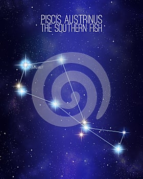 Piscis Austrinus the southern fish constellation on a starry space background with the names of its main stars. Relative sizes and photo