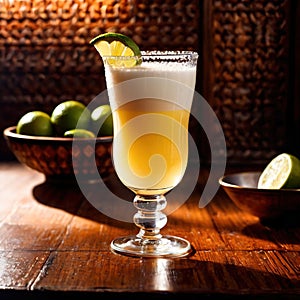 Pisco Sour, citrus lemon cocktail liquer alcoholic liquor mixed drink in bar pub