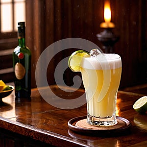 Pisco Sour, citrus lemon cocktail liquer alcoholic liquor mixed drink in bar pub