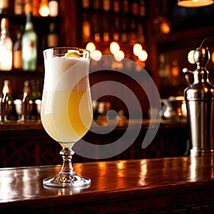 Pisco Sour, citrus lemon cocktail liquer alcoholic liquor mixed drink in bar pub