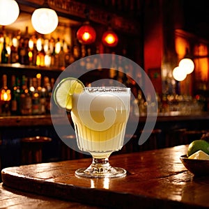 Pisco Sour, citrus lemon cocktail liquer alcoholic liquor mixed drink in bar pub photo