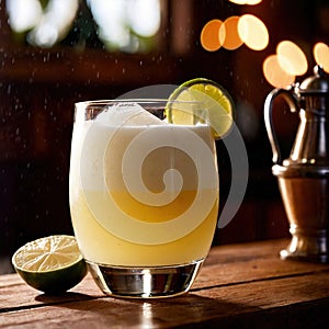 Pisco Sour, citrus lemon cocktail liquer alcoholic liquor mixed drink in bar pub photo