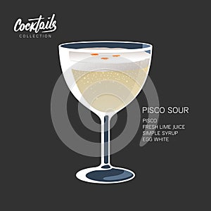 Pisco Sour cocktail recipe drink glass vector illustration