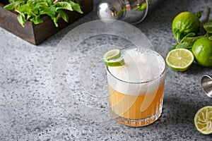 Pisco sour cocktail - whiskey with lime juice, sugar syrup and egg white. Close up
