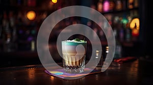 Pisco sour cocktails topped with foamed egg white on blurry bar background.