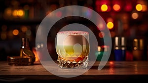 Pisco sour cocktails topped with foamed egg white on blurry bar background.