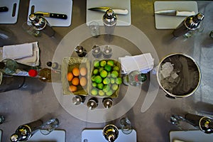 Pisco sour in preparation, top view. The Peruvian national drink being freshly prepared during a cooking class