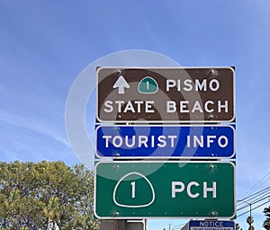 Pismo State Beach. Tourist Info. PCH - Pacific State Highway directional road signs