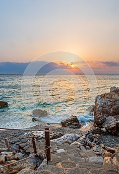 Piso Livadi beach on Paros island at sunrise photo