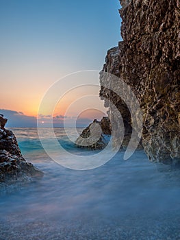 Piso Livadi beach on Paros island at sunrise photo