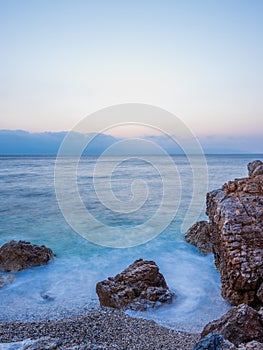 Piso Livadi beach on Paros island at sunrise photo