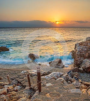 Piso Livadi beach on Paros island at sunrise photo