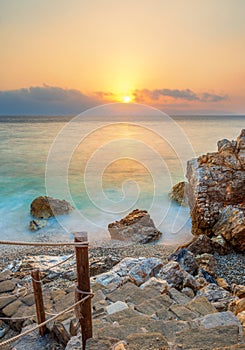 Piso Livadi beach on Paros island at sunrise photo