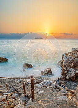 Piso Livadi beach on Paros island at sunrise photo