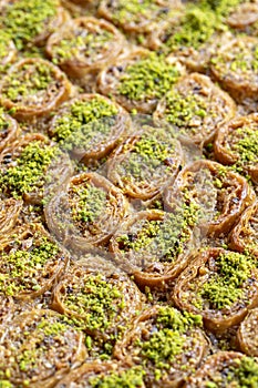 Pistachio baklava dessert on a white background. Turkish sweet desser