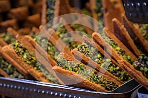 Pistachio ballorieh layered baklava, Turkish dessert at a shop, Istanbul, Turkey