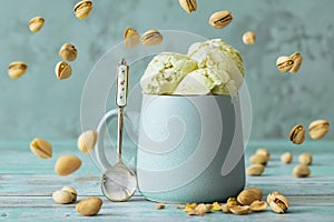 Pistachio ice cream in cup .