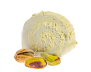 Pistachio ice cream scoop isolated on white background