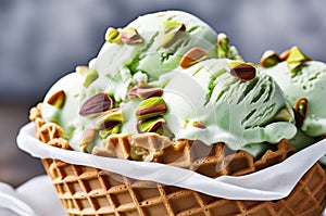 Pistachio Ice Cream Scoops with Waffles Nuts and Fresh Mint