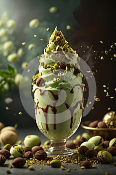 Pistachio icecream with mapple syrup and chocolate, realistic render smoke, dramatic lighting and cinematic lighting