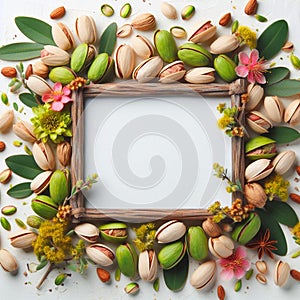 Pistachio-Inspired Extravagance: A Stunning Frame Adorned with Nature\'s Beauty on a white background