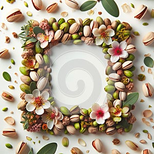 Pistachio-Inspired Extravagance: A Stunning Frame Adorned with Nature\'s Beauty on a white background