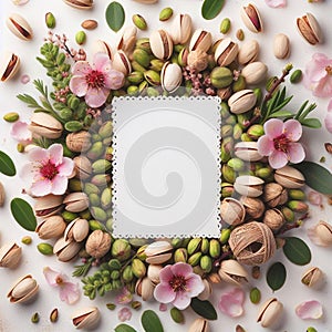 Pistachio-Inspired Extravagance: A Stunning Frame Adorned with Nature\'s Beauty on a white background