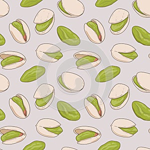 Pistachio nuts seamless pattern. Hand drawn vector.