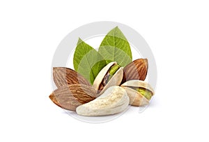 Pistachio nuts wits cashew, almonds and leaves in closeup isolated photo