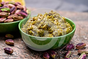 Pistachio pesto sauce made from high quality green pistachio nuts growing on slopes of Mount Etna in Bronte, Sicily, Italy