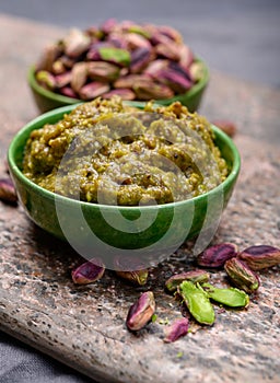 Pistachio pesto sauce made from high quality green pistachio nuts growing on slopes of Mount Etna in Bronte, Sicily, Italy