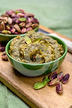 Pistachio pesto sauce made from high quality green pistachio nuts growing on slopes of Mount Etna in Bronte, Sicily, Italy