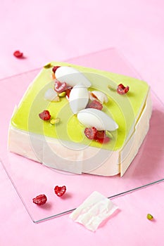 Pistachio Raspberry Mousse Cake with Lychees