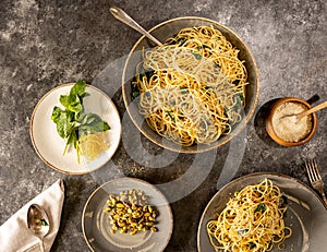 Pistachio Spaghetti Pasta with fresh lemon Zest photo