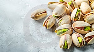 Pistachios arranged on bright white surface with ample space for text or creative messages