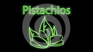 Pistachios on a black background, vector illustration, neon. nuts for food and drinks. green pistachios with leaves. neon green