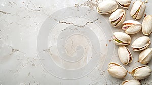 Pistachios on white table with extensive area for text or graphics, ideal for versatile usage photo