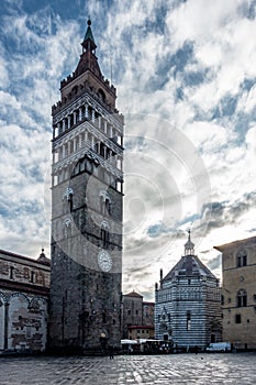 Pistoia Cathedral bell tower in the puddle in Tuscany, Italy