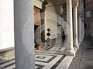 Pistoia Cathedral of Saint Zeno . Particular view of colonnade . Tuscany, Italy