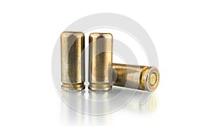 Pistol bullets isolated on white background, 9mm shells for a gun