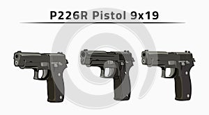 Pistol gun black with background light gray, 9x19 mm P226R Pistol 226 army america russia, Illustration 2d, war, combat, marine,