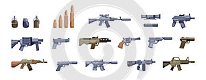 Pistol weapon. Cartoon bullet barrel gun classic revolver tactical shotgun, battle firearm with military accessories