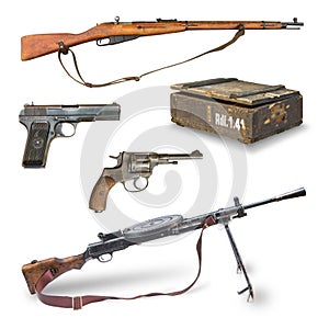 Pistols, rifles, machine guns, ammunition box.