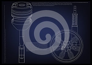 Piston and wheel with shock absorber on a blue