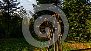 Pistyn village Ukraine October 10, 2020: Basket of handicraft mechanism with a rope for crossing a mountain river, crossing for a