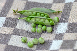 Pisum sativum pea green fruits in gree pods on brown background, tasty ripened sweet summer fruit, harvesting time