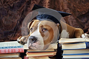 pit bull in a graduation cap, leaning on a stack of encyclopedias