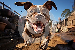 pit bull jumps in the swamp, the moment of the jump in flight.